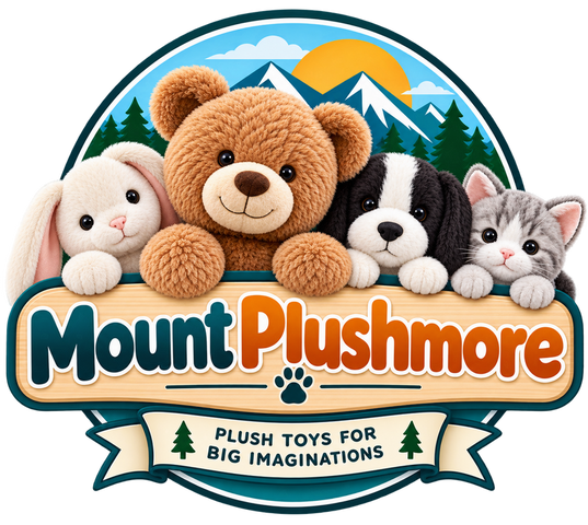 Mount Plushmore logo: plush bear, bunny, puppy and kitten in front of a mountain scene