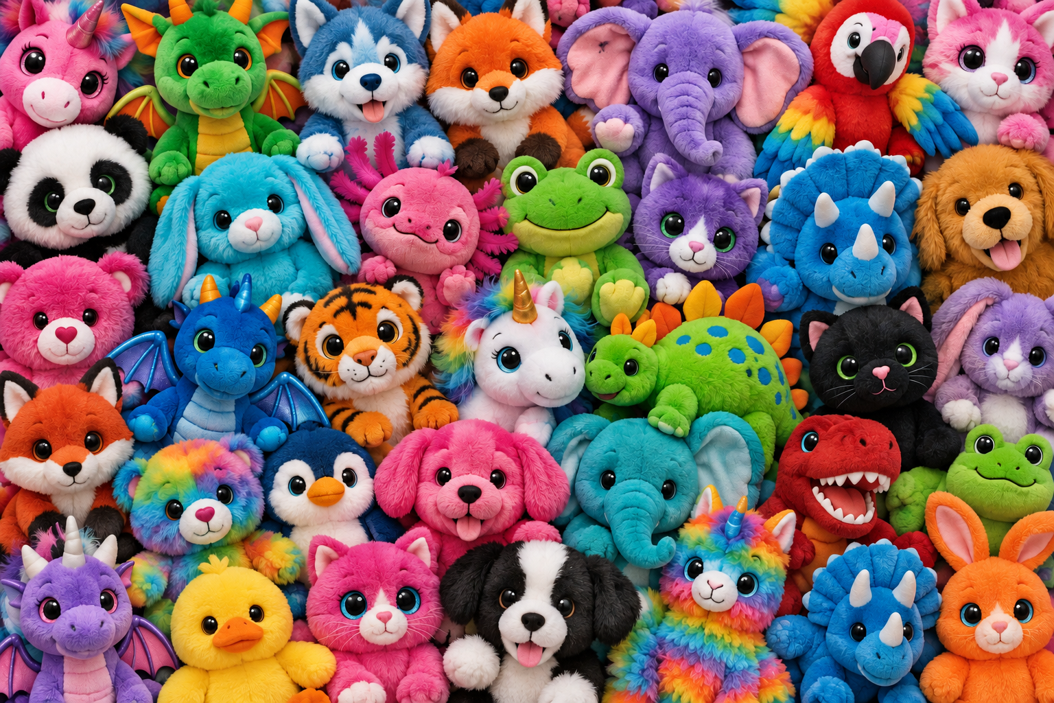 A colourful wall of plush toys packed together - unicorns, dragons, foxes, bunnies, pandas and more